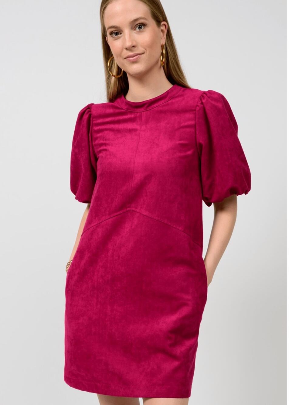 Uncle Frank Faux Suede Shift Dress Burgundy Magenta Balloon Sleeve Boho Medium